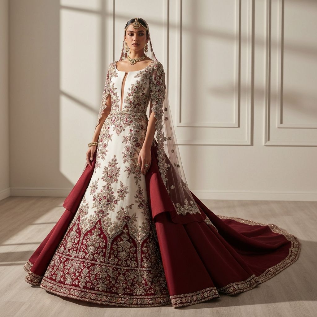 Fusion bridal gown combining Western silhouette with Indian embroidery and embellishments for modern brides