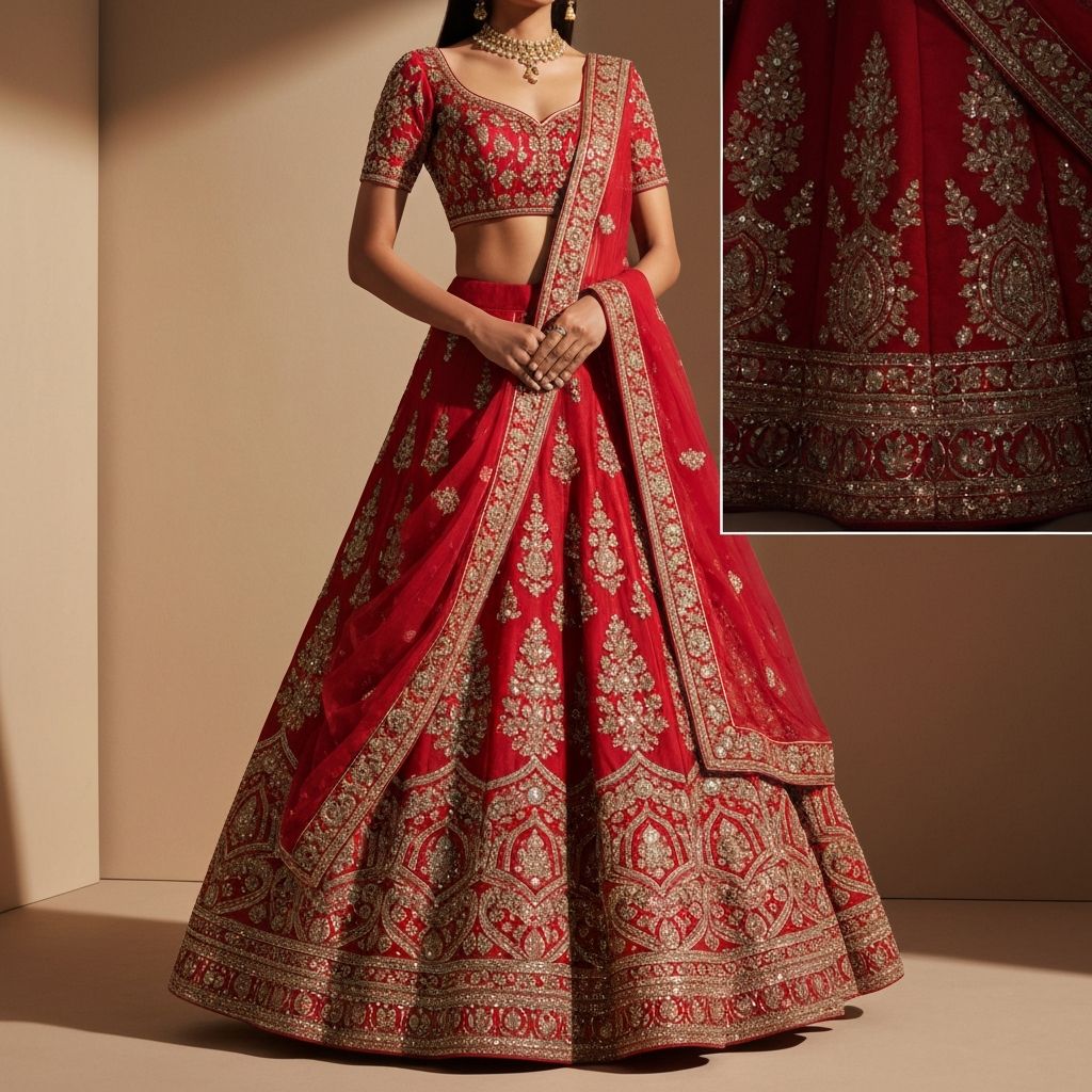 Luxury red and gold custom bridal lehenga with intricate zardozi embroidery and handcrafted embellishments for Indian wedding