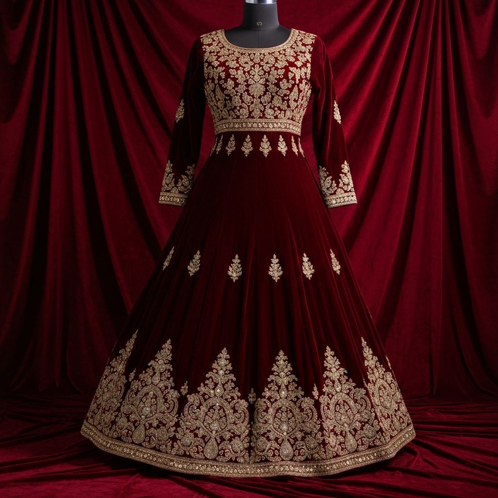 Burgundy velvet anarkali suit with gold embroidery and stone work for winter Indian wedding celebration
