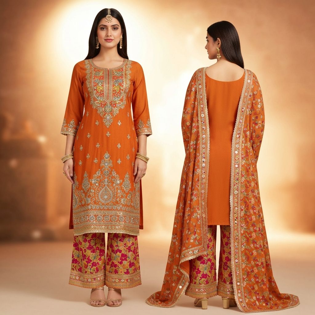 Embroidered kurta set with palazzo and embellished dupatta for Indian wedding guest or festive occasion