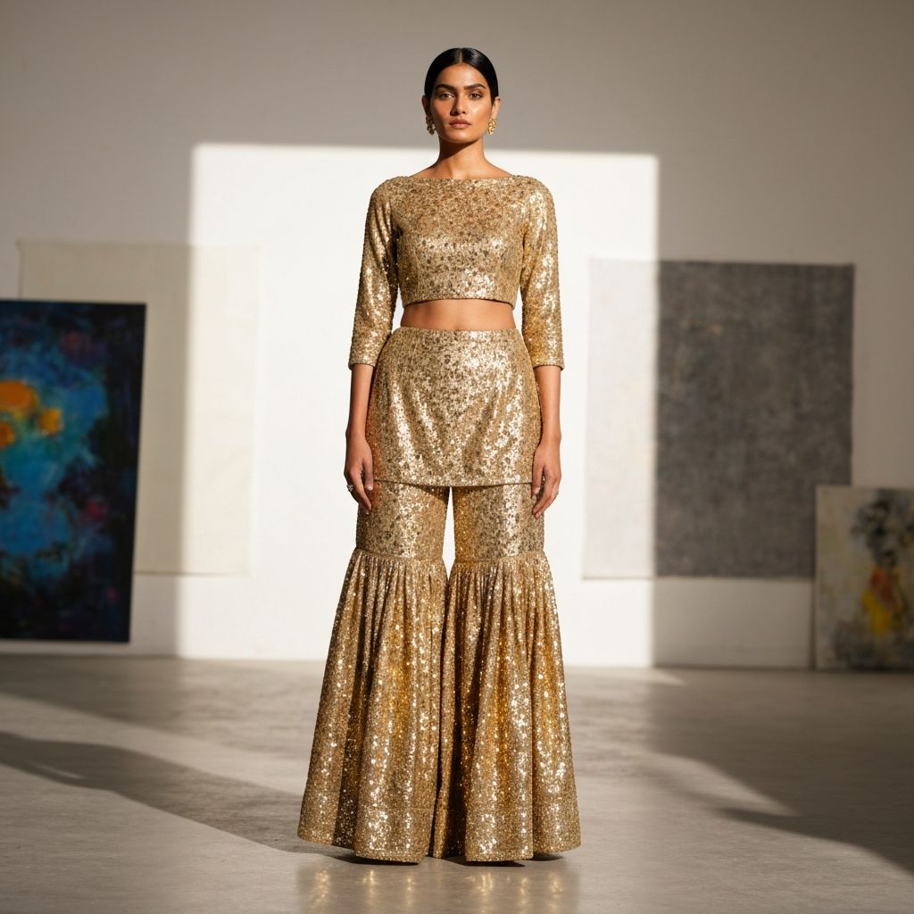 Gold metallic tissue sharara with sequin work and contemporary cut for glamorous wedding reception