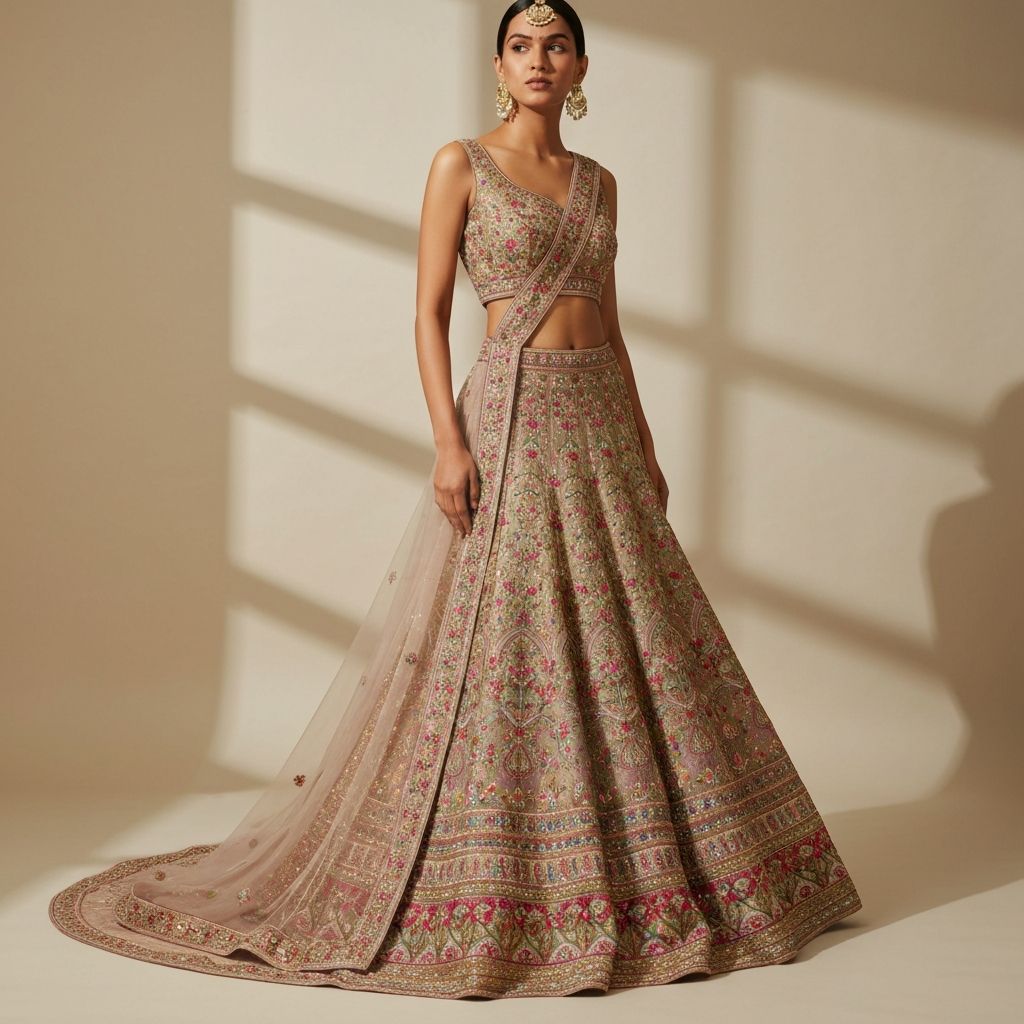 Hybrid lehenga-gown with trail and contemporary embroidery for grand Indian wedding reception