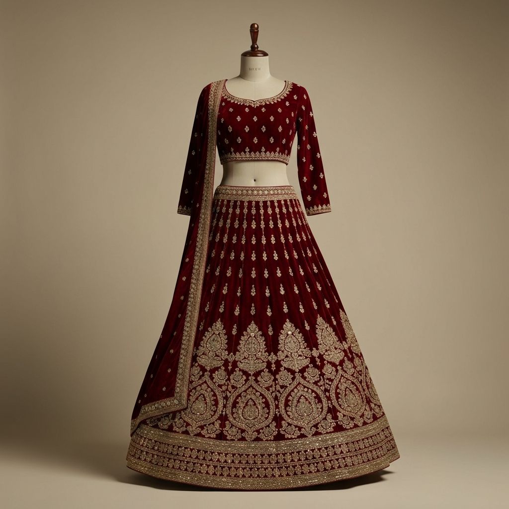 Luxurious deep maroon velvet Indian bridal lehenga with gold gota patti work and sequin embellishments for royal wedding look