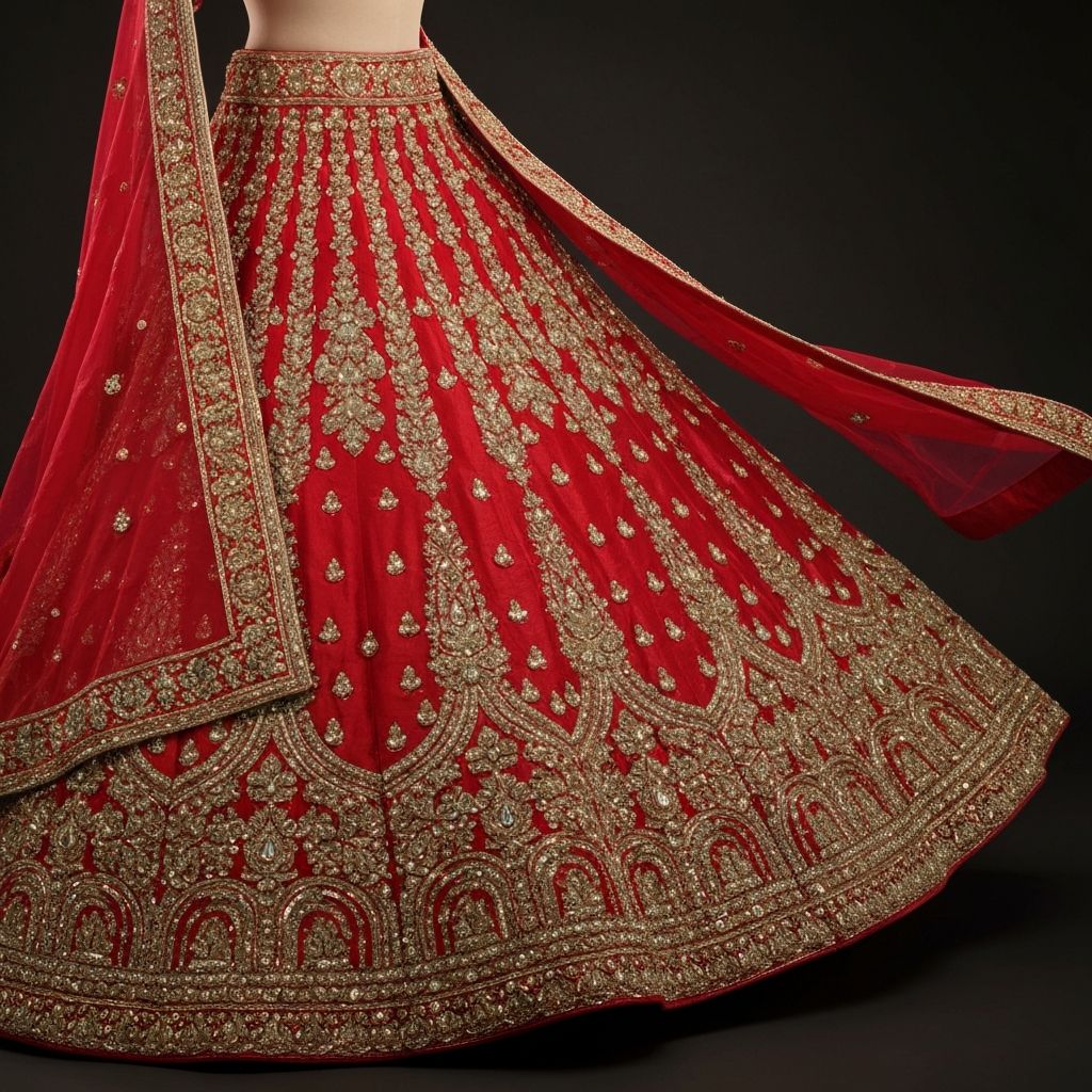 Luxury crimson red Indian bridal lehenga with heavy gold zardozi embroidery and Swarovski crystal embellishments custom fabricated by Libaas Xclusif