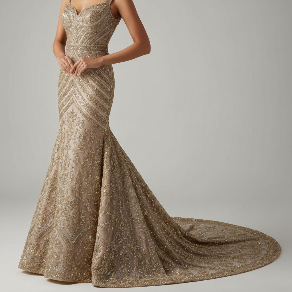 Fitted mermaid gown with traditional zardozi embroidery and train for glamorous Indian wedding reception