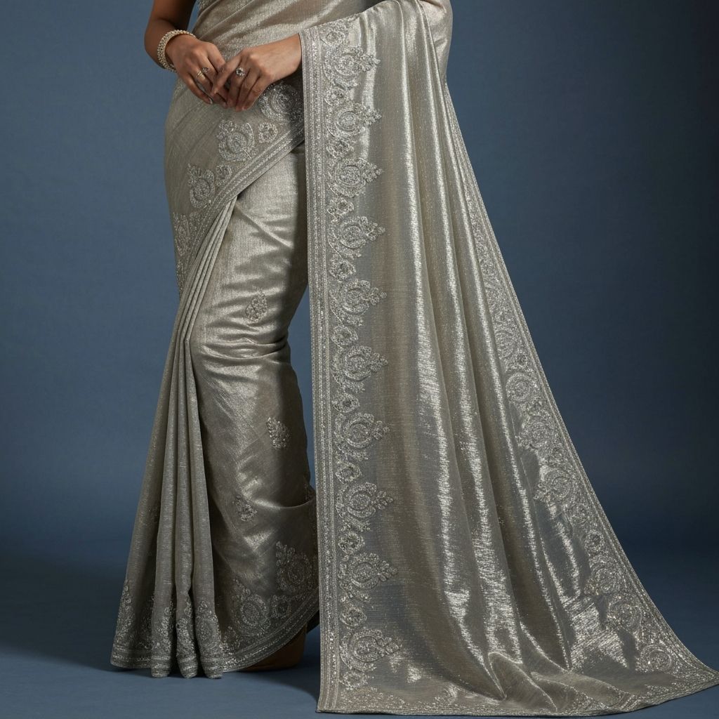 Metallic tissue silk saree with shimmering finish and oxidized silver embroidery for glamorous wedding reception