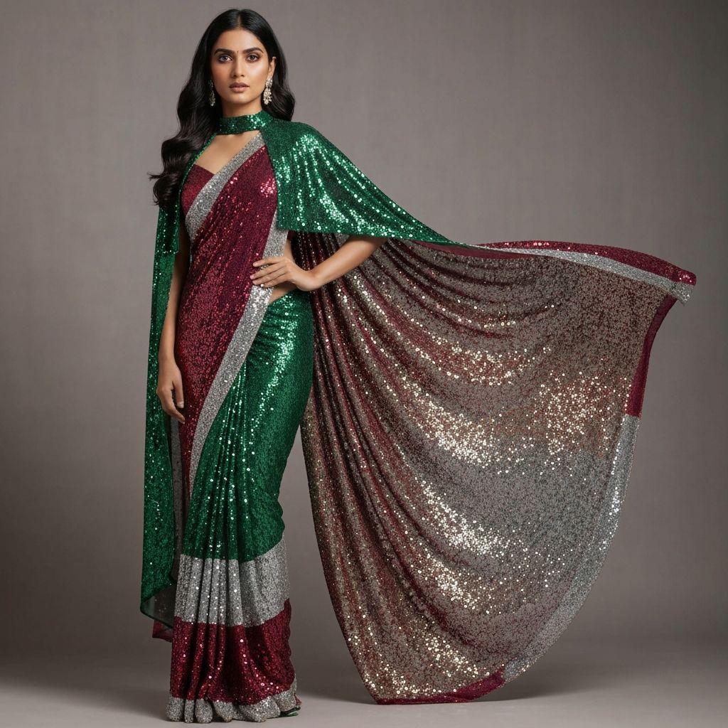 Modern pre-stitched designer saree with sequin embellishments and contemporary cape-style draping for reception