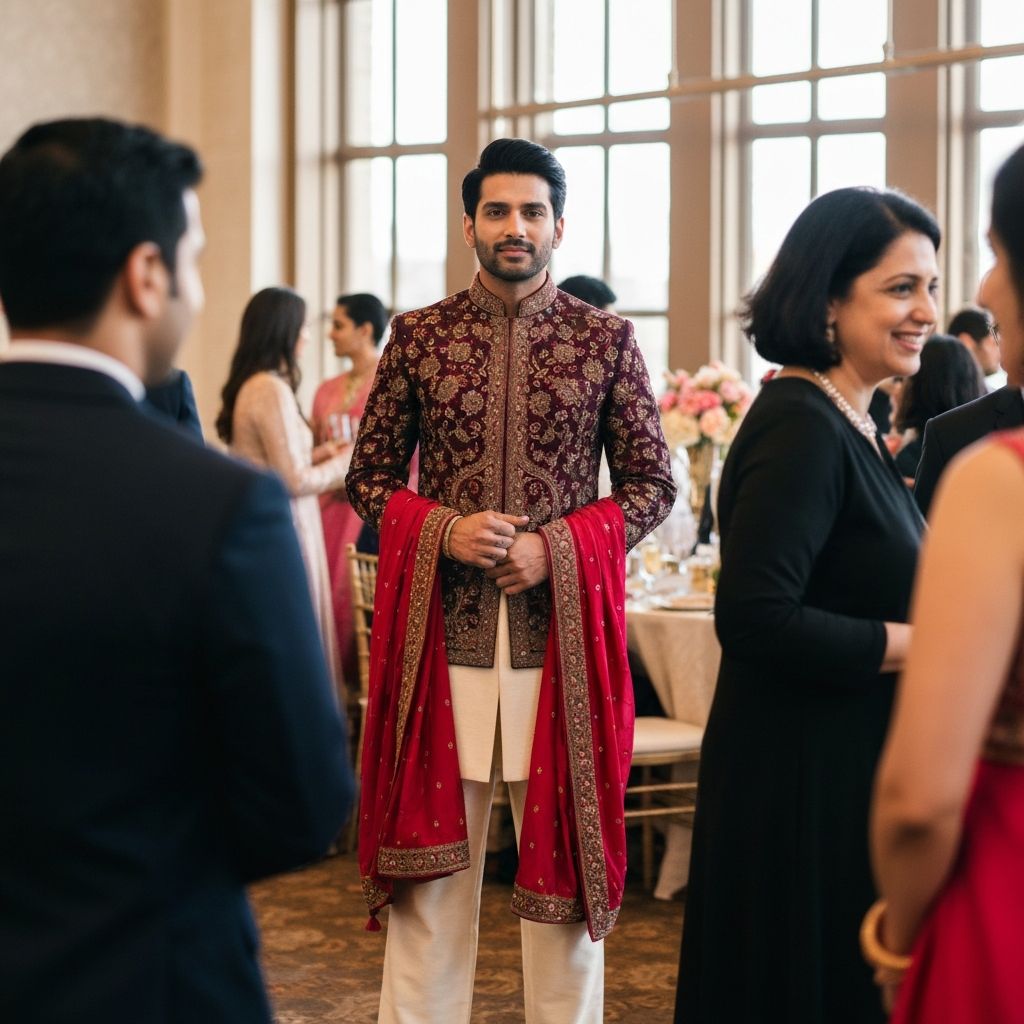 Elegant palazzo suit with embroidered long jacket and dupatta for comfortable wedding reception look