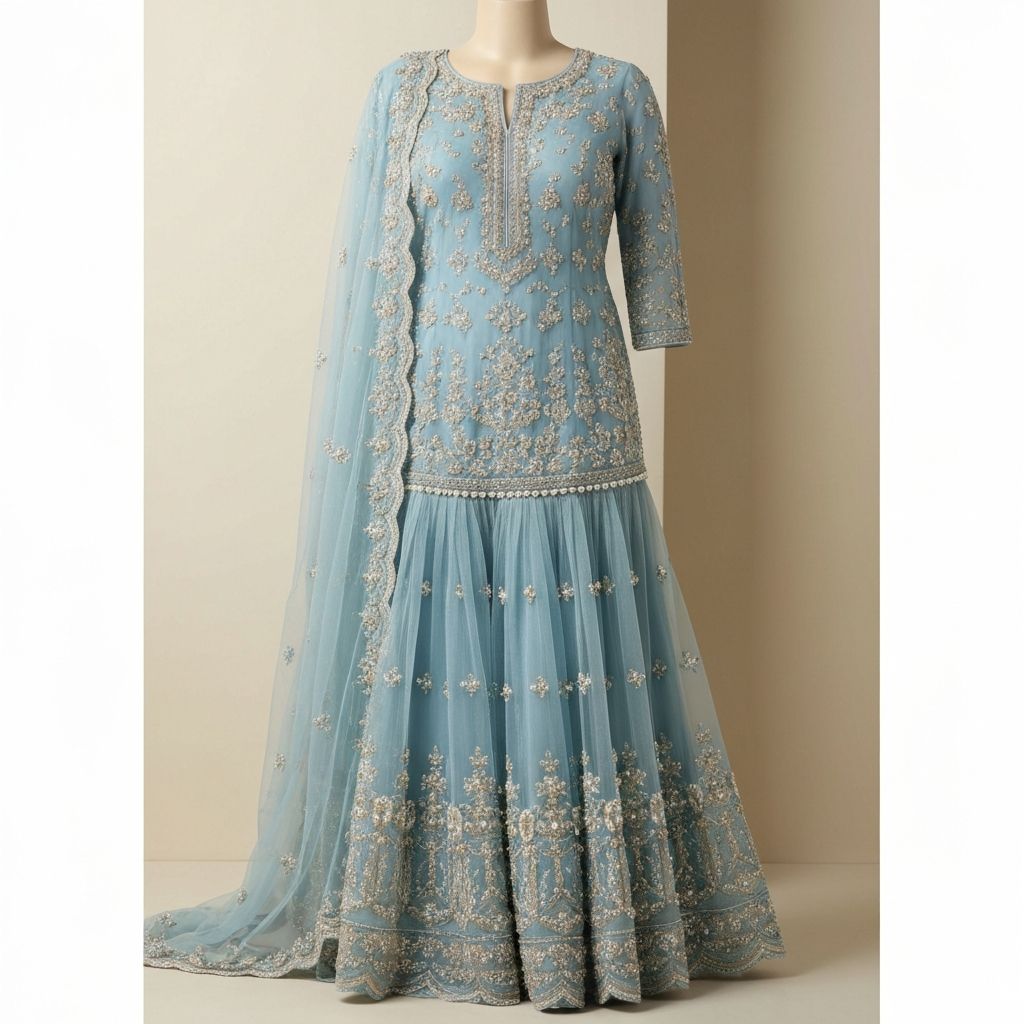 Powder blue pastel sharara set with pearl embroidery and organza dupatta for elegant Indian wedding look