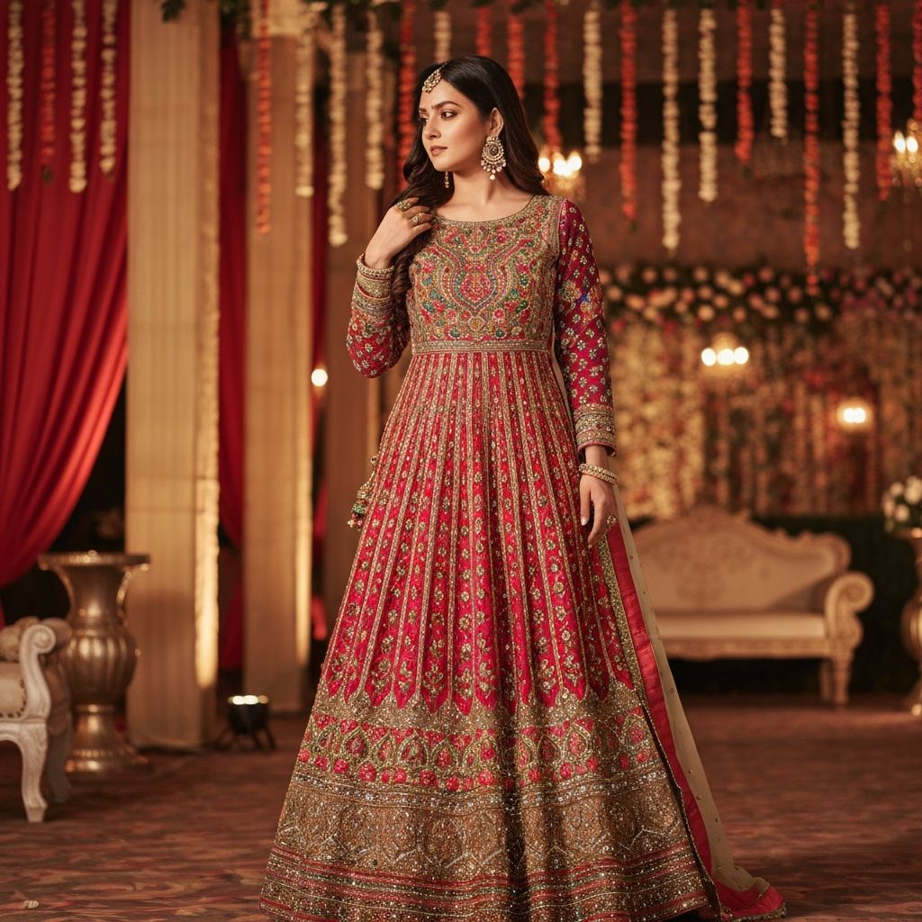 Royal floor-length anarkali suit with heavy embroidered yoke and flowing silhouette for Indian wedding festivities