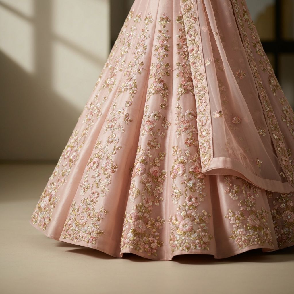 Soft blush pink pastel Indian bridal lehenga with delicate floral embroidery and flowing organza layers for romantic wedding
