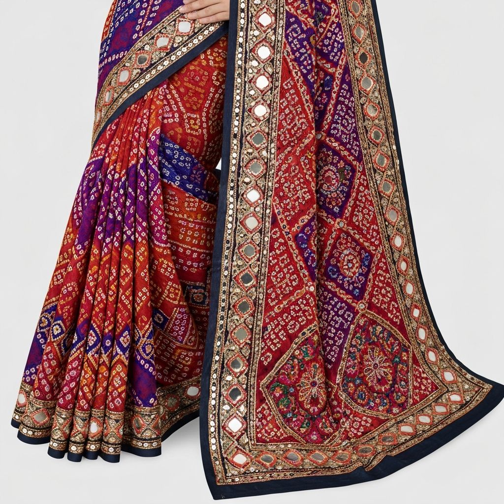 Traditional bandhani tie-dye saree with modern color palette and mirror work for contemporary Indian bride