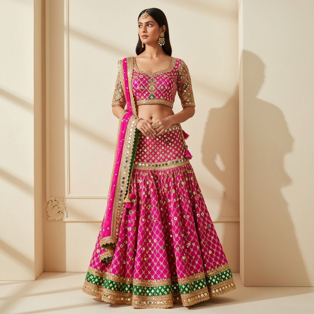 Vibrant festive sharara set with traditional mirror work and gota patti detailing for mehndi ceremony